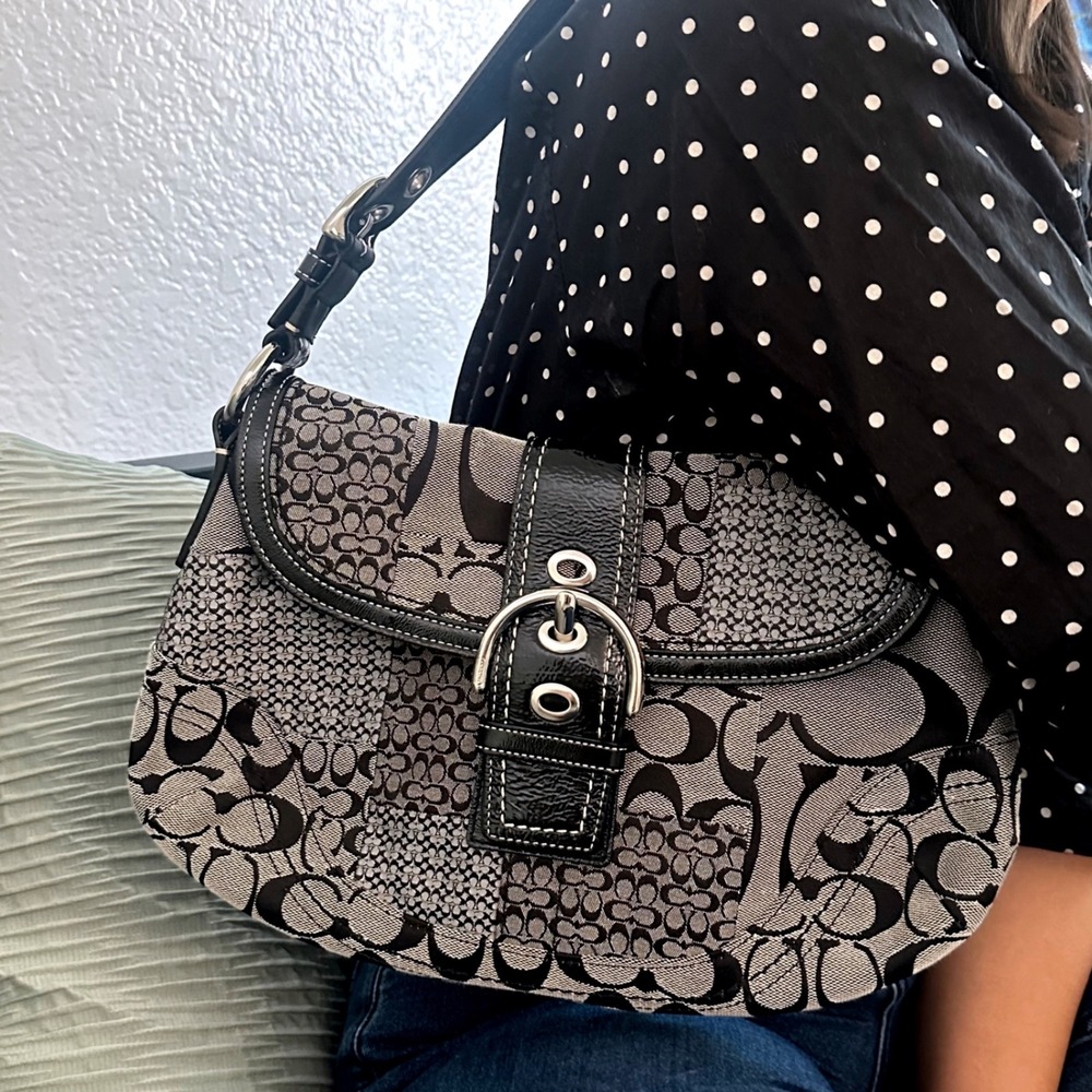 Coach Soho Patchwork Signature Flap Bag Wallet Set Black Grey F12316 Hobo